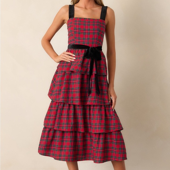 SUGARLIPS ELEGANCE DEFINED 100% COTTON RED PLAID TIERED MIDI DRESS - Picture 3 of 16